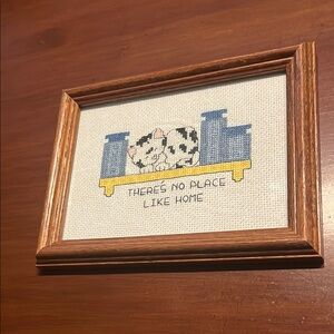 Vintage Rustic Brown Framed Cat Cross-Stitch Art